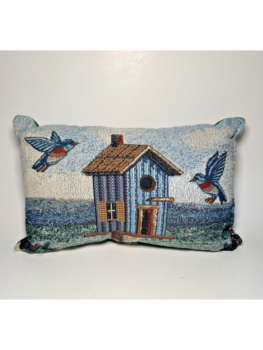 Vintage Decorative Pillow Birds Birdhouse Design Blue Green Brown 6x11